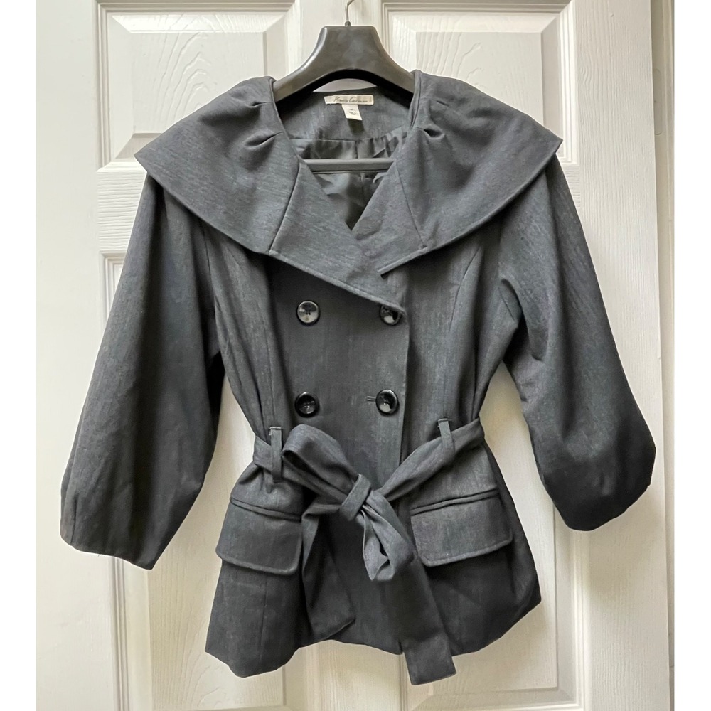 Kenneth Cole New York Womens Sz 10 Gray Shawl Neck Belted Double Breasted Jacket - Picture 2 of 16